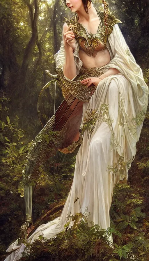 Prompt: portrait of queen of the elves playing a harp, ethereal, expressive pose, intricate dress, fantasy, intricate, forest background, highly detailed, digital painting, artstation, concept art, smooth, sharp focus, illustration, art by artgerm and greg rutkowski and alphonse mucha