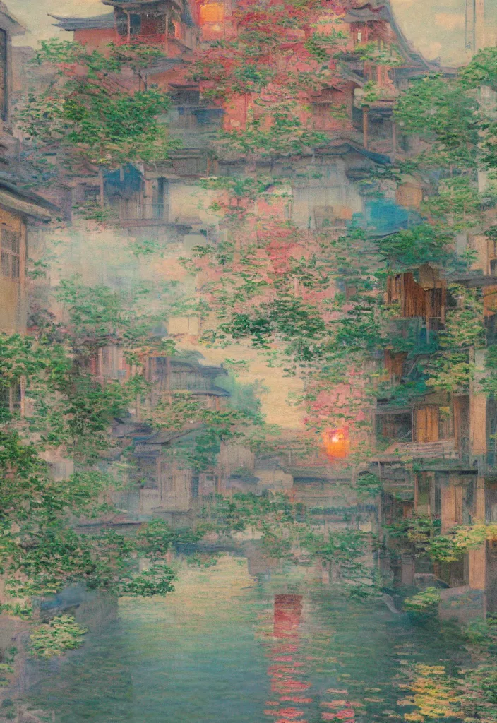 Image similar to a beautiful japanese city near the sea, amazing ryokans and gorgeous edo era houses, epic cyberpunk, lofi vibe, colorful, vivide colors, oil painting in impressionist style, by jeremy lipkin, by claude monet, by makoto shinkai, multiple brush strokes, inspired by ghibli, masterpiece, beautiful