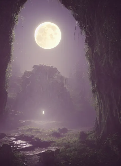 Image similar to dusky secret gateway on a spooky biome, foggs, full moon, behance, artstation, unreal render, unreal engine 5, octane, smooth, 8k