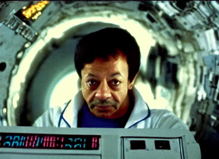 Prompt: film still of young old Cheech Marin as Dr. Dave Bowman in shuttle flying into black hole in 2001 A Space Odyssey