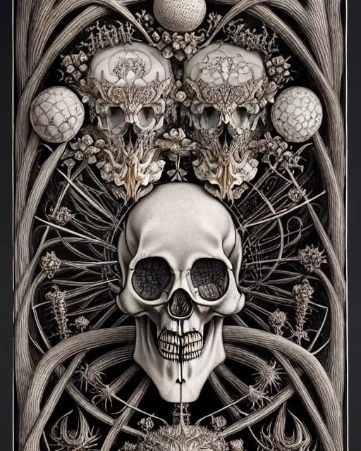 Image similar to art forms of nature by ernst haeckel, memento mori by arthur rackham, ornate antique porcelain beautiful skull mask, ultrasharp, photorealistic, hyperdetailed, octane render, polished, art nouveau, neo - gothic, gothic, intricate ornamental organic filigree, art nouveau botanicals, art forms of nature by ernst haeckel, horizontal symmetry, symbolist, visionary