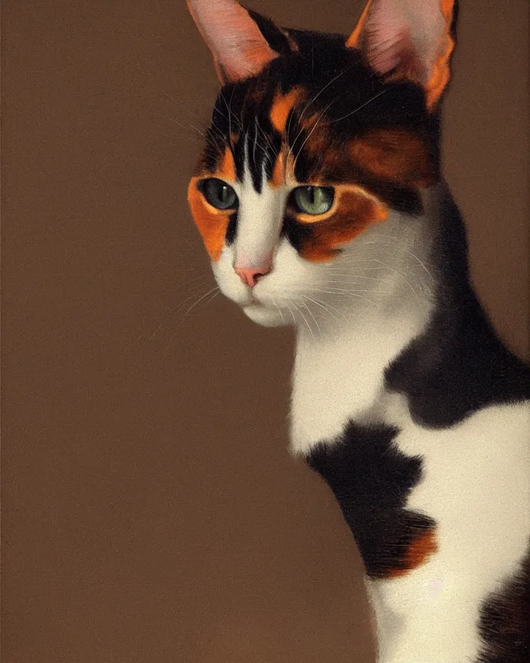 Prompt: close up portrait of one calico cat by vermeer. black background, three - point lighting, enchanting, realistic features, realistic proportions.