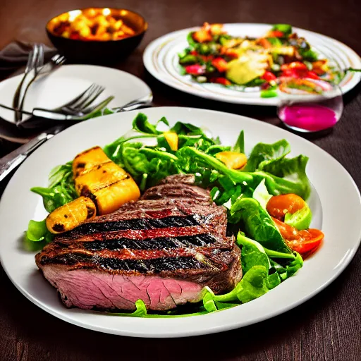 Image similar to photo of a lavish and exquisite dinner, including a large seasoned steak with a salad, with a grilled and a seasoned vegetable medley on the side, mouthwatering, studio advertising photography, f/1.8 32mm HDR