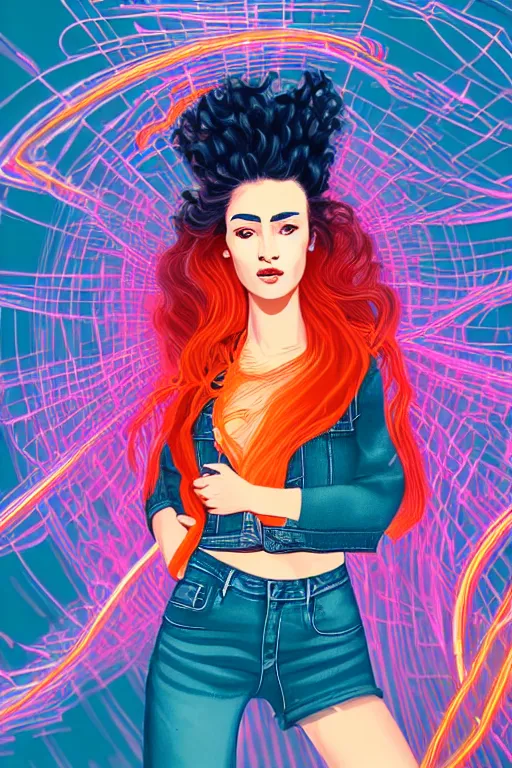 Image similar to a award winning half body portrait of a beautiful woman with stunning eyes in a croptop denim jacket and cargo pants with ombre red orange teal hairstyle head in motion and hair flying while dancing by thomas danthony, surrounded by whirling illuminated lines, outrun, vaporware, shaded flat illustration, digital art, trending on artstation, highly detailed, fine detail, intricate