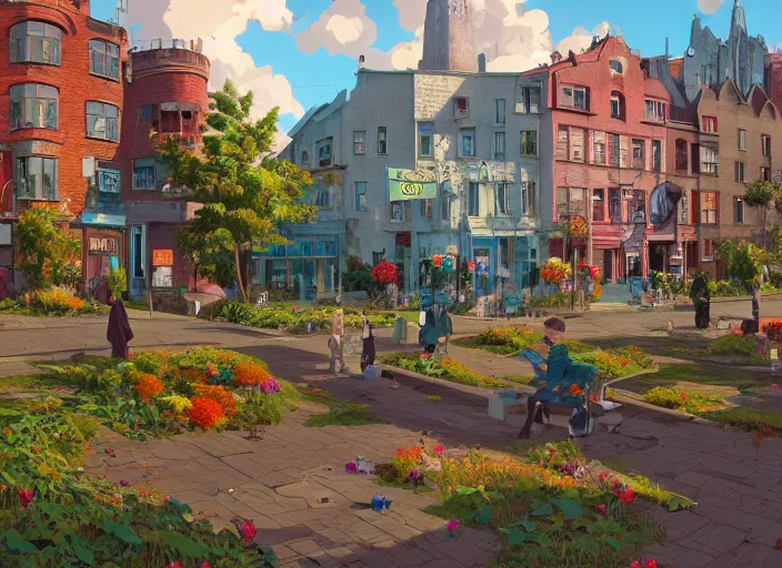 Image similar to dublin townsquare, summer morning, very coherent and colorful high contrast, art by gediminas pranckevicius, geof darrow, makoto shinkai, dark shadows, hard lighting