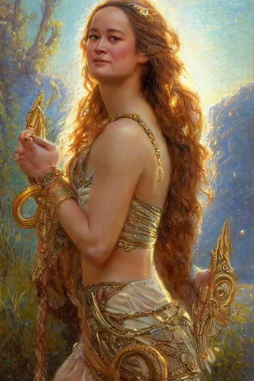 Image similar to portrait of brie larson as a greek goddess. art by gaston bussiere.