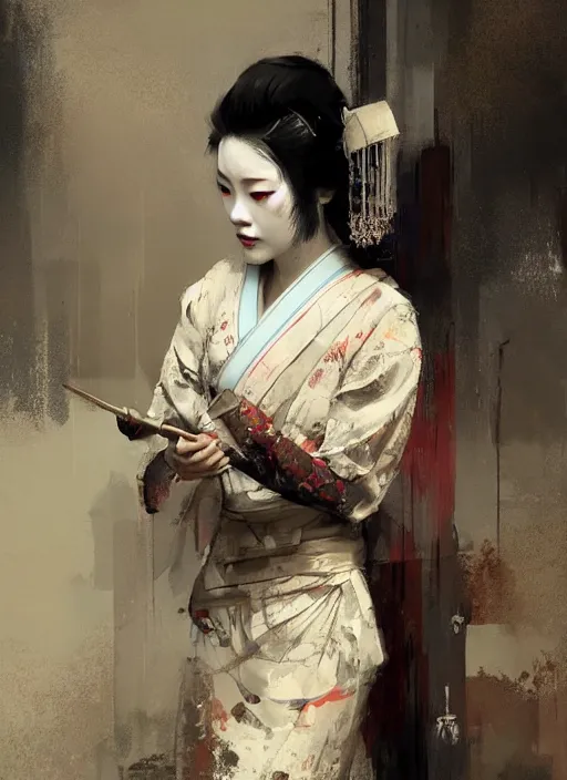 Image similar to female geisha girl, beautiful face, rule of thirds, intricate outfit, by greg rutkowski, by jeremy mann, digital painting