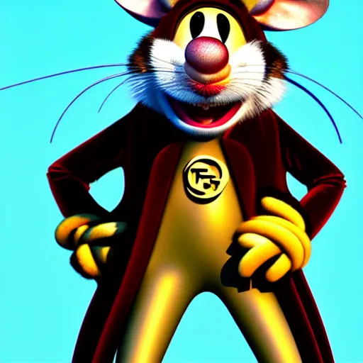 Image similar to 3d anthropomorphic rat, disney pixar, holding pistol, velvet, fur coat, high quality, golden necklace, fendi, high fashion