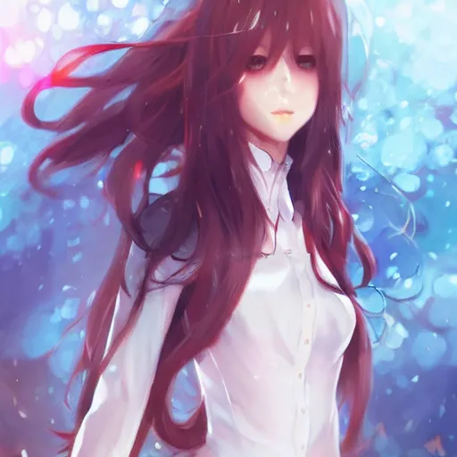 Image similar to kurisu makise, concept art, elegant, ultra highly detailed, digital painting, smooth, sharp focus, artstation, pixiv, art by sakimichan, Bo Chen, rossdraws, Ina Wong