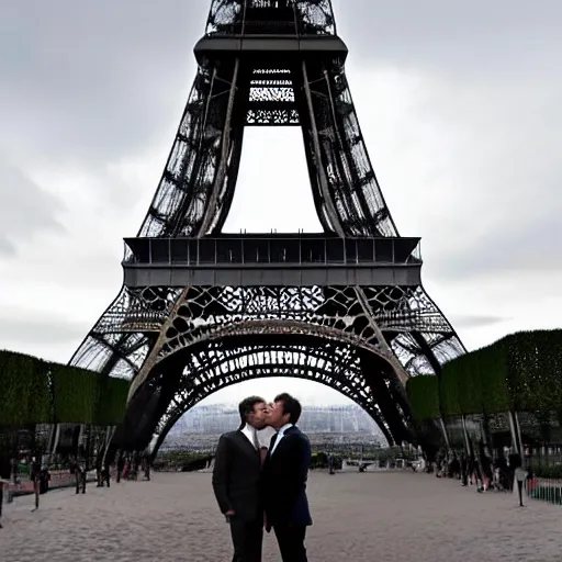 Image similar to gerald darmanin and Emmanuel macron kissing under the eiffel tower