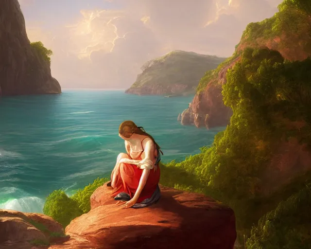 Prompt: a painting of a woman sitting on a rock overlooking an island, a digital painting by thomas cole, cgsociety, metaphysical painting, 2 d game art, storybook illustration, detailed painting