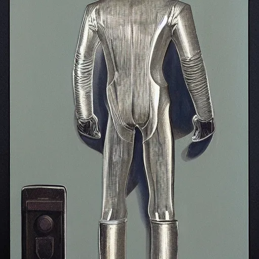 Prompt: a silver man, by ralph mac quarrie, retrofuturism,