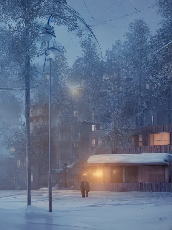 Prompt: film still of tiny soviet residential building, residential suburb area, lights are on in the windows, deep dark night, cozy atmosphere, cold winter, snowing, streetlamps with orange light, volumetric light, several birches nearby, elderly people stand at the entrance to the building, mega detailed, unreal render