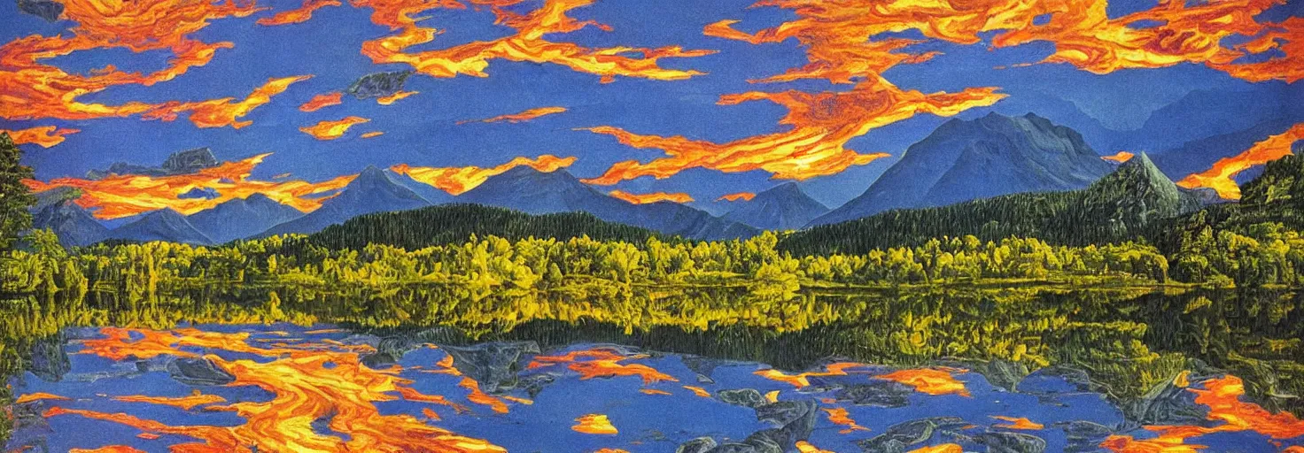 Image similar to escher painting of a lake, big trees reflecting on lake surface, mountains at background, fluffy clouds, sunset, yellow, green, red, snowy, ultra sharp, ultra detailed, cyberpunk, happy, uplifting, colorized by salvador