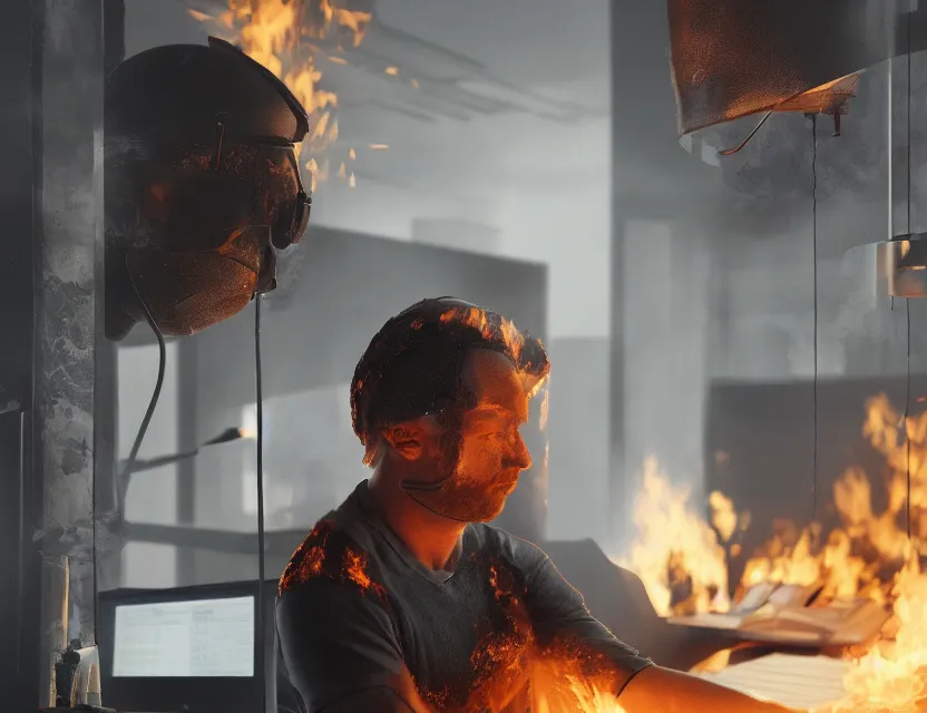 Prompt: a man works at a workstation in a very hot office with burning fires, close up, featured in artstation, octane render, intricate, ultra detailed, fantasy, concept art, sharp focus, illustration, 8 k