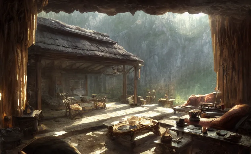 Image similar to painting of a series of opposing living quarters overlooking a greatroom carved inside a mountain, lush garden with hot spring between, cozy bed, well maintained, clean, medieval, fantasy genre, natural light, fantasy, natural light, concept art, by greg rutkowski and craig mullins, cozy atmospheric and cinematic lighting, trending on artstation