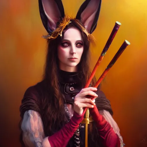 Prompt: oil painting of a rabbit dressed like a female stage magician holding a magic wand, urban fantasy art by seb mckinnon, artstation npc character design, top - rated