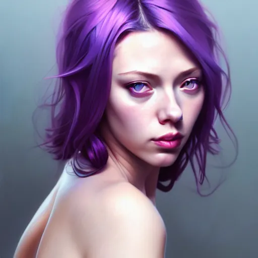 Prompt: seductive Scarlet Johanson as anime girl, hourglass slim figure, purple hair, attractive features, tight fitted tank top, body portrait, slight smile, highly detailed, digital painting, artstation, concept art, sharp focus, illustration, art by WLOP and greg rutkowski and alphonse mucha and artgerm