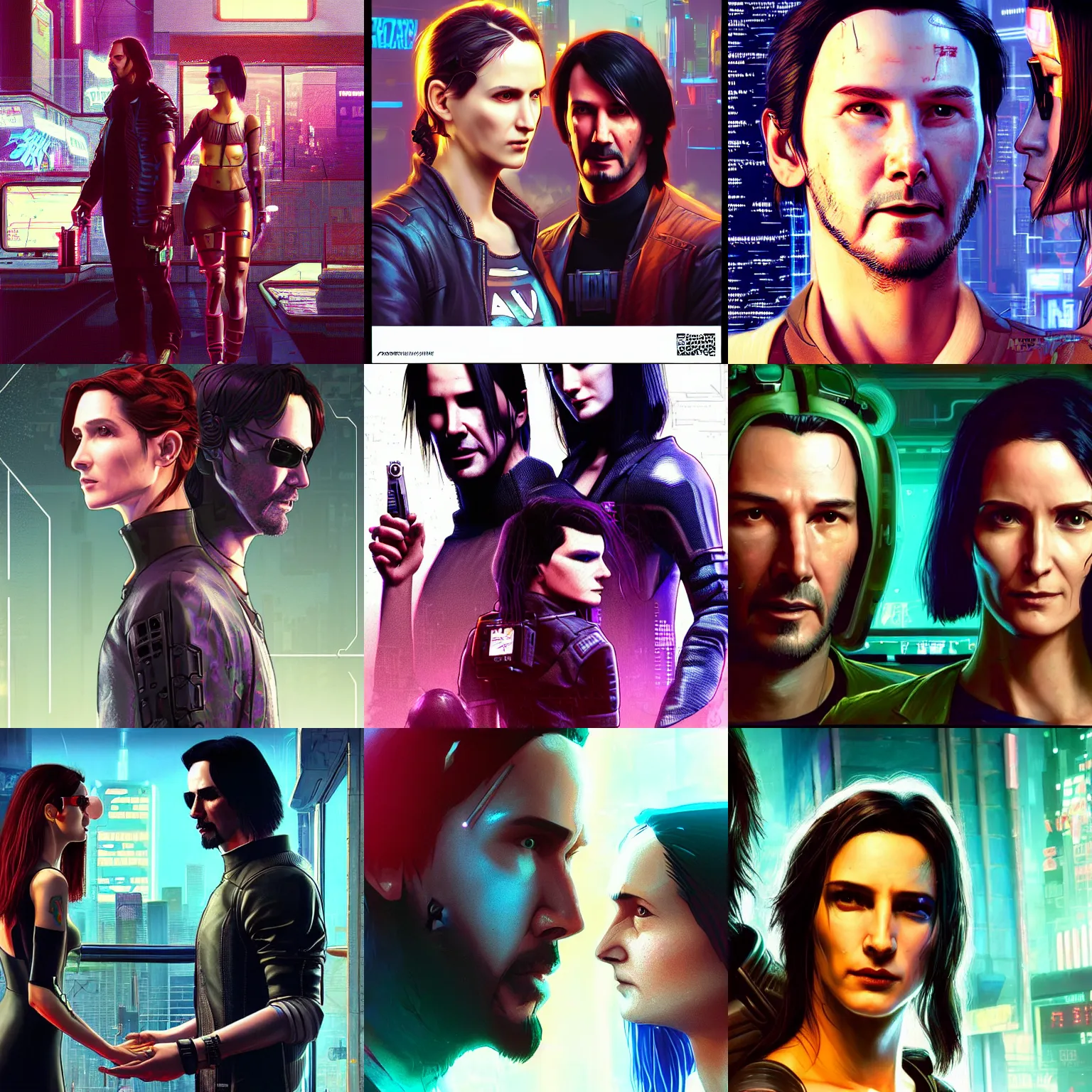 Prompt: a cyberpunk 2077 srcreenshot couple portrait of young hacker with face Keanu Reeves as Neo & young android girl with face Carrie-Anne Moss as Triniti in kiss,love,film lighting,by Laurie Greasley,Lawrence Alma-Tadema,Dan Mumford,artstation,deviantart,FAN ART,full of color,Digital painting,face enhance,highly detailed,8K,octane,golden ratio,cinematic lighting