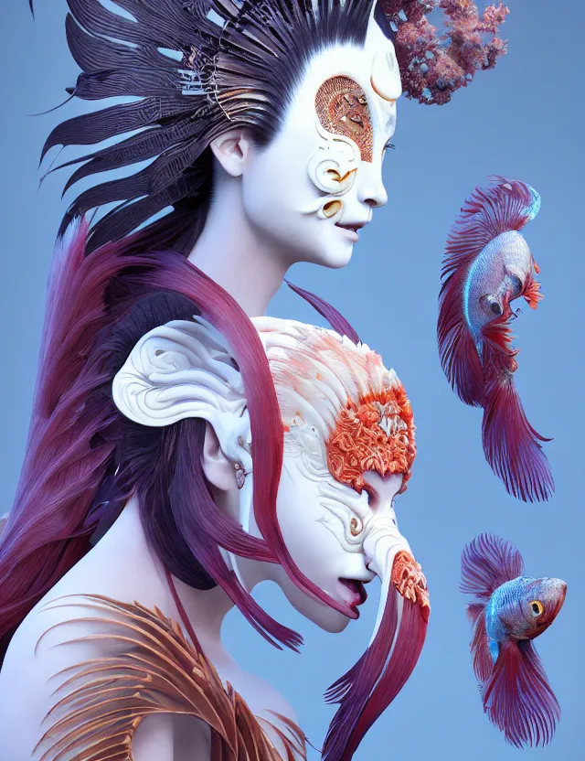 Image similar to 3 d venus goddess close - up profile portrait biomechanics. beautiful intricately detailed japanese crow kitsune mask and clasical japanese kimono. betta fish, jellyfish phoenix, bio luminescent, plasma, ice, water, wind, creature, artwork by tooth wu and wlop and beeple and greg rutkowski