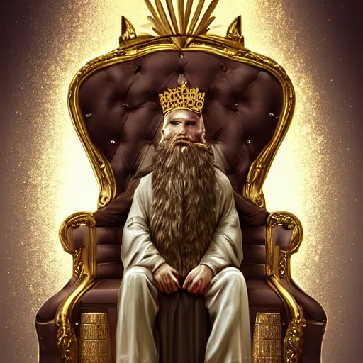 Prompt: Portrait of a king sitting on his throne, beard, crystal crown, digital art, realistic, artstation, detailed