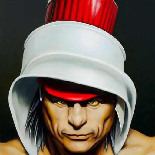 Prompt: ultra realistic buckethead as vega from street fighter with a kfc bucket on his head, portrait painting by frank frazetta, 4 k, ultra realistic, highly detailed,