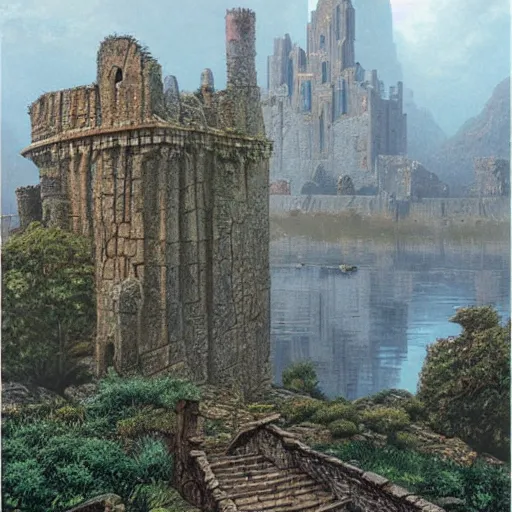 Prompt: ruined stone city and towers in a lake. misty weather. painting by Ted Nasmith and Larry Elmore.