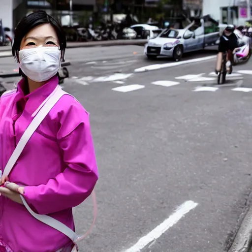 Image similar to taiwanese young woman wears pink medical mask, in the streets