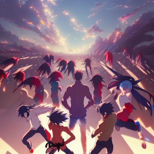 Prompt: dynamic and high energy anime composition with many hero characters together, running jumping, group of anime heroes, gapmoe yandere grimdark, trending on pixiv fanbox, painted by greg rutkowski makoto shinkai takashi takeuchi studio ghibli, akihiko yoshida