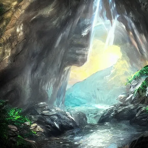 Image similar to digital art of an entrance to a cave, artstation, tomb raider, waterfall, river, mountain, rocks