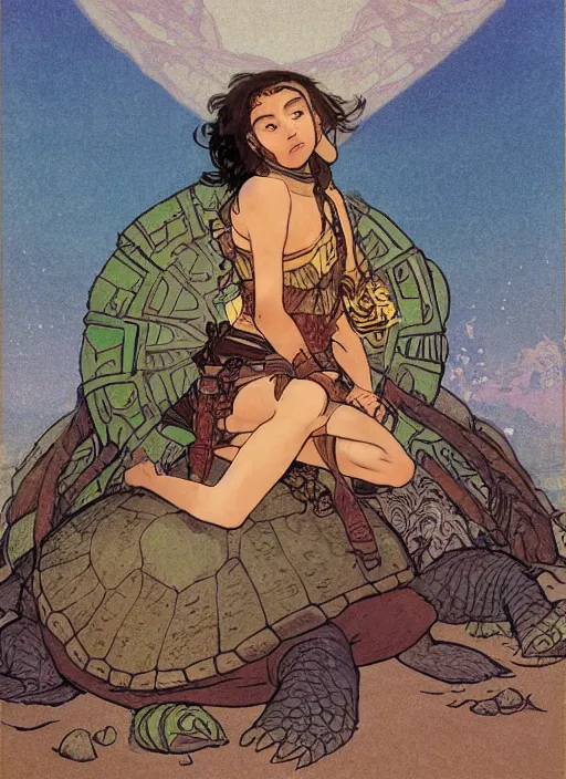 Image similar to portrait of a little warrior girl sitting on top of a giant turtle in the desert. the girl has dark skin and beautiful green eyes, realistic body legs and a very beautiful detailed symmetrical face with long black hair. the turtle has a big wise face and closed eyes. diffuse light, dramatic landscape, fantasy illustration by mucha