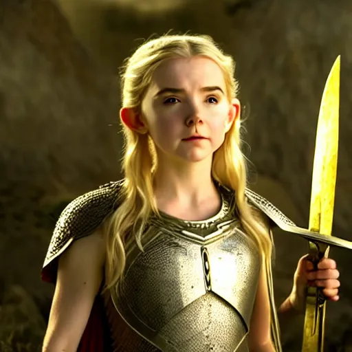 Image similar to cinematic scene with mckenna grace as eowyn from lord of the rings, live action film, battle armor chain mail, dramatic, small details, volumetric lighting, still frame