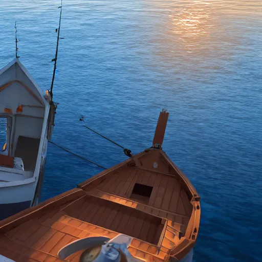 Prompt: very realistic fishing boat on the sea, unreal engine, very detailed, sunset, drone shot, 8k