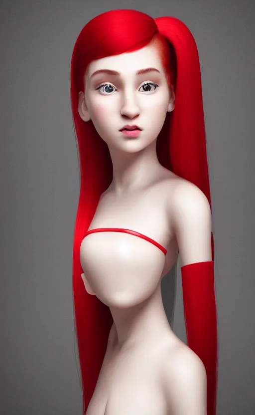 Image similar to photo portrait Red-haired 20-years old girl in a red dress, With two pigtails, green eyes and sliding face plates, standing on the dimly lit stage, realistic, photo, photorealistic, detailed, high quality, 8k, realism