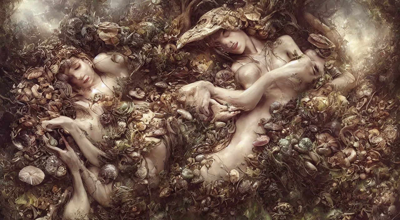 Image similar to pretty sleeping woman with mushrooms as camouflage, by ellen jewett, tomasz alen kopera and justin gerard : 3