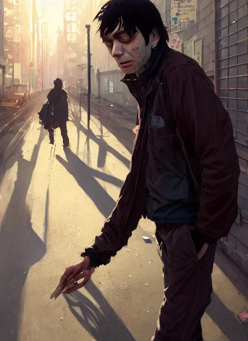 Prompt: Highly detailed full-body portrait of homeless and beaten up Martin Shkreli, in GTA V, Stephen Bliss, unreal engine, fantasy art by Greg Rutkowski, Loish, Rhads, Makoto Shinkai and Lois van baarle, ilya kuvshinov, rossdraws, Tom Bagshaw, global illumination, radiant light, detailed and intricate environment