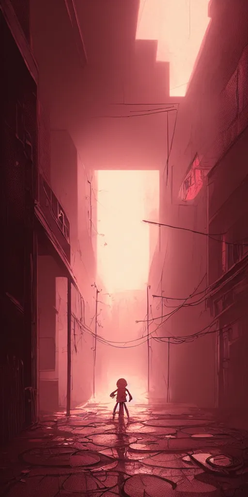 Image similar to abandoned apocalyptic old alley with a kid at the centre, epic red sunlight, perfect lightning, illustration by niko delort,