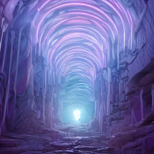 Image similar to a ultradetailed beautiful concept art of the unconscious labyrinth filled with countless path to the depth of the mind, dramatic lighting, dynamic lighting, cinematic lighting, purple color scheme, concept art, high resolution 4 k, by raphael lacoste and beeple and andreas rocha and artgerm