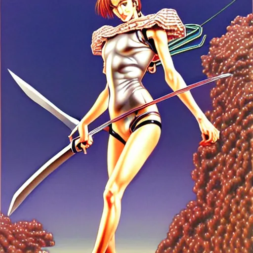 Image similar to pixel girl with sword, by hajime sorayama