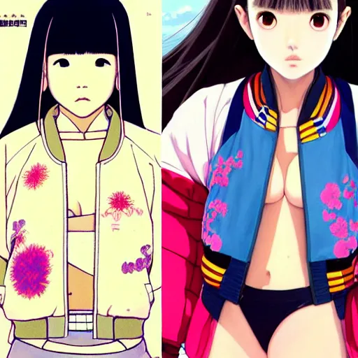 Image similar to a beautiful japanese natalie portman gravure model, wearing oversized native designer bomber jacket and leotard, bulky poofy bomber jacket with mesoamerican patterns, mesoamerican native street fashion, gapmoe yandere grimdark, trending on pixiv fanbox, painted by greg rutkowski makoto shinkai takashi takeuchi studio ghibli, akihiko yoshida