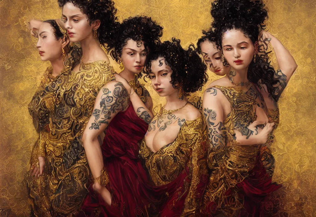 Prompt: full body portrait of a trio of 1 9 years old girl figures, curly messy high bun hairstyle, oriental tattoos, jeweled ornament over forehead, subject wearing a gold and black high fashion gown, flowing, ornate, beautiful, dramatic earth colors, with few fire red highlights, by jeremy mann and greg rutkowski, trending on artstation, oil on canvas