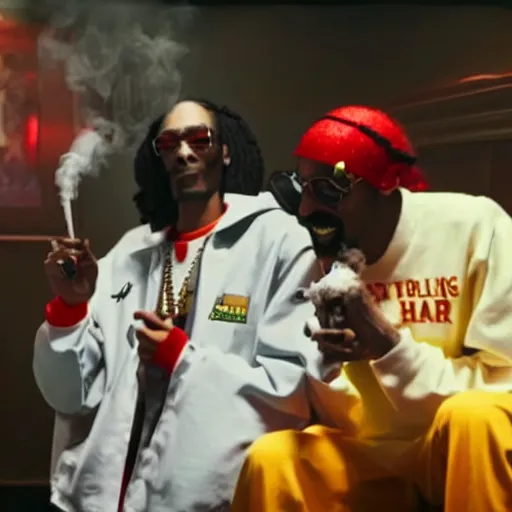 Image similar to ronald mcdonald smoking blunts with snoop dogg, cinematic