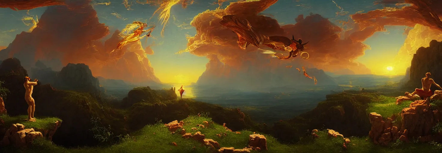 Image similar to Icarus in a firey tailspin while Daedalus looks on in disbelief, in the style of a surreal and awe-inspiring thomas cole and albert Bierstadt digital art panoramic landscape painting at sunset, unreal engine, 4k, matte, exquisite detail, lens pop