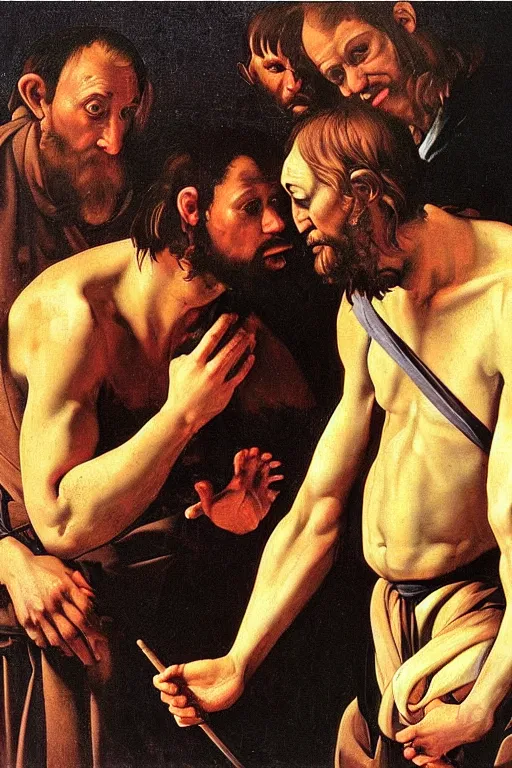 Image similar to the muppets in the painting Flagellation of Christ by Caravaggio,