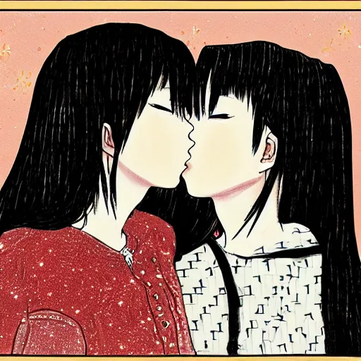 Image similar to portrait of two girls kissing, detailed manga art