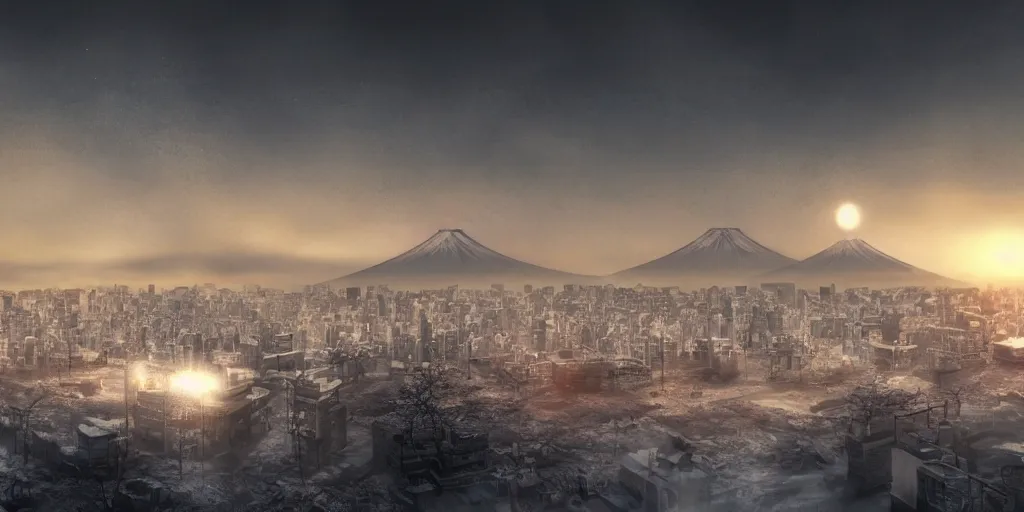 Image similar to nuclear winter, tokyo city, near future, fantasy, sci - fi, hyper realistic, serene, morning.