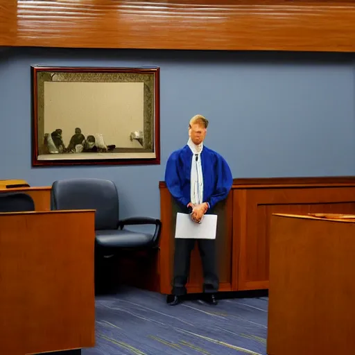 Image similar to jerma 9 8 5, still image of jerma 9 8 5 on trial, courtroom photo, courtroom interior background,