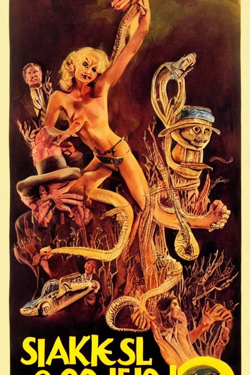 Prompt: poster for the 1 9 7 1 movie'snake oil fiesta ', directed by federico fellini, starring donald sutherland and uncle aloysius, art direction by wayne barlowe, glenn fabry and frank frazetta, cinematography by robby muller ), crisp