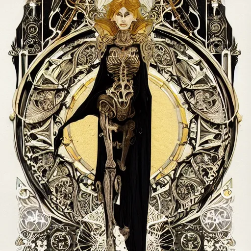 Image similar to a skeleton in a black cloak, highly detailed, very intricate, art nouveau, gold filigree, left right symmetry, tarot concept art watercolor illustration by mandy jurgens and alphonse mucha and alena aenami, featured on artstation