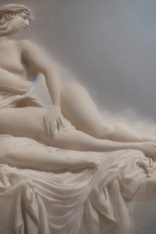 Image similar to A beautiful oil painting of a Ancient Greek Marble Sculpture of a Greek Goddess lying on a silk cloth, fog, volumetric lighting, summer, hyperrealistic, hyperdetailed.